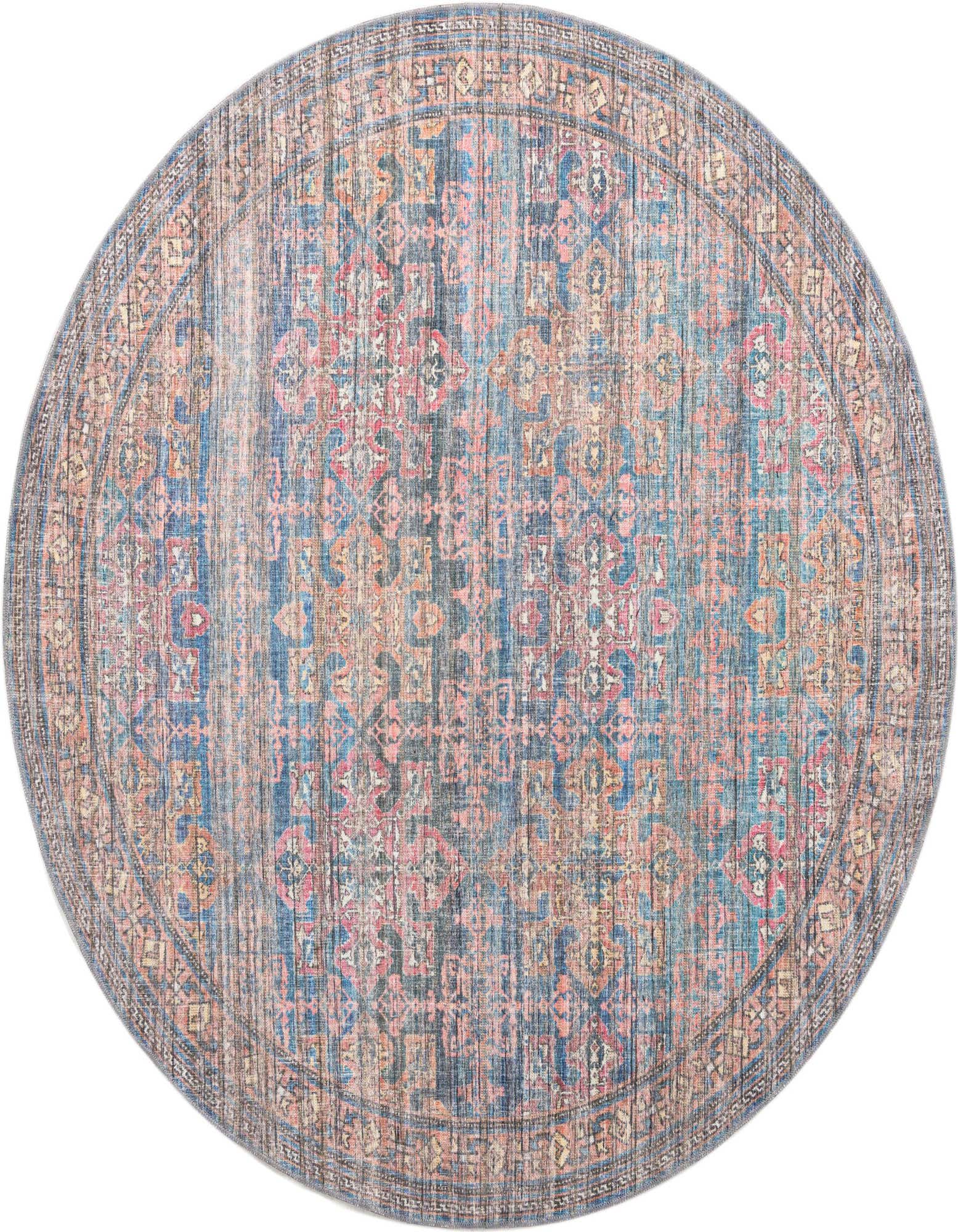 A 7' 10 round blue traditional rug with a vintage floral pattern and a subtle border.