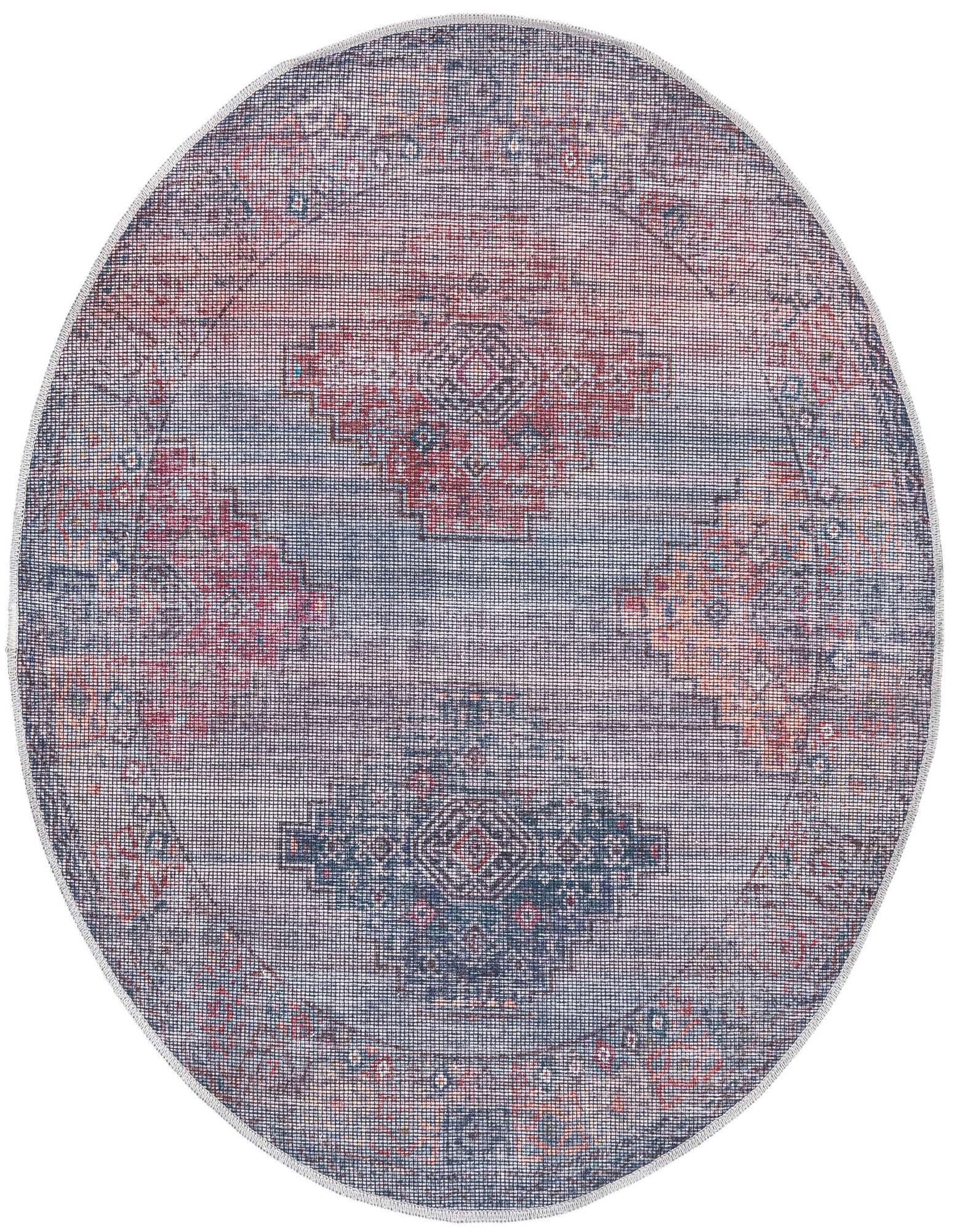 A round 4' 0 x 4' 0 Sisu rug in blues with a faded Southwestern and tribal pattern, suitable for a patio.