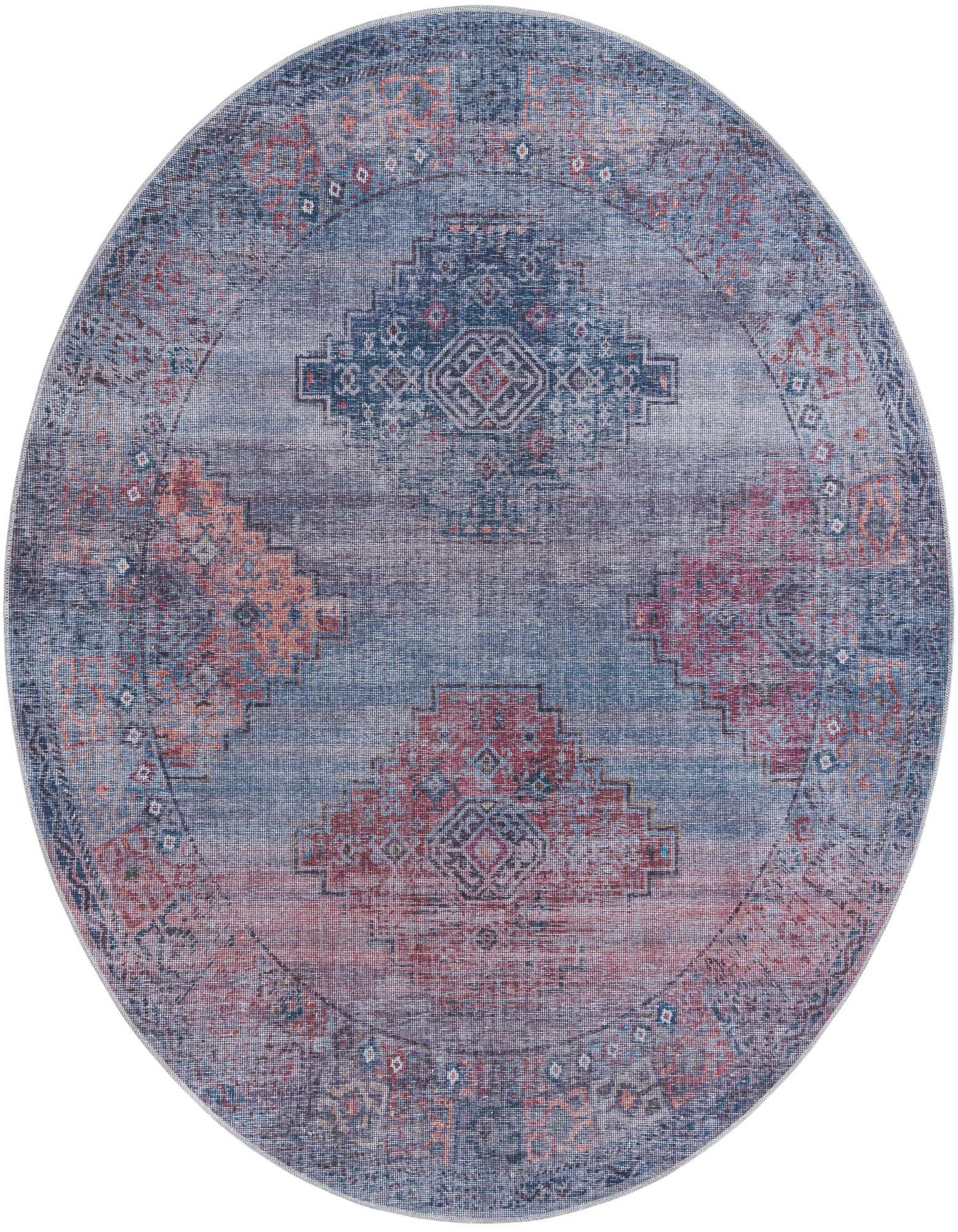 A round 7'10" blue Southwestern rug with distressed red and orange tribal patterns, suitable for a living room.