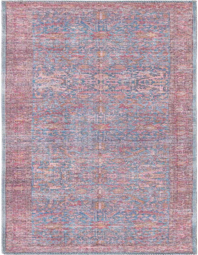 A 6 ft runner rug with a distressed traditional tribal pattern in shades of blue, pink, and orange, ideal for a hallway.