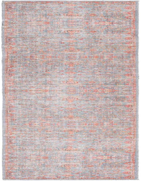 A long 8 ft runner rug with a faded traditional tribal pattern in various shades of blue and hints of red, ideal for a hallway.