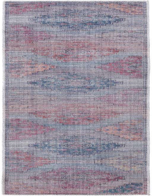 A long 8 ft runner rug with a distressed Southwestern and tribal pattern in shades of blue, red, and orange, ideal for a hallway.