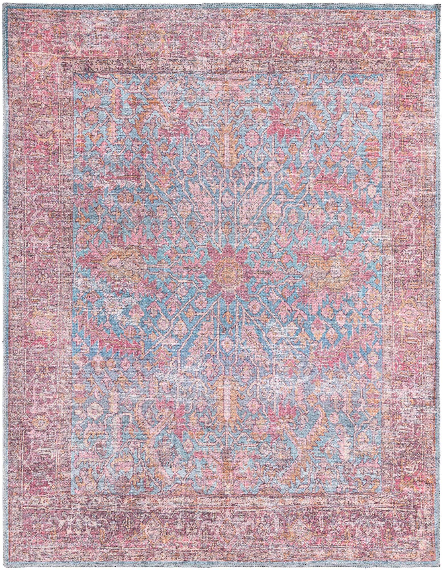 A square 5'3" x 5'3" blue and pink traditional rug with a distressed floral and tribal pattern.