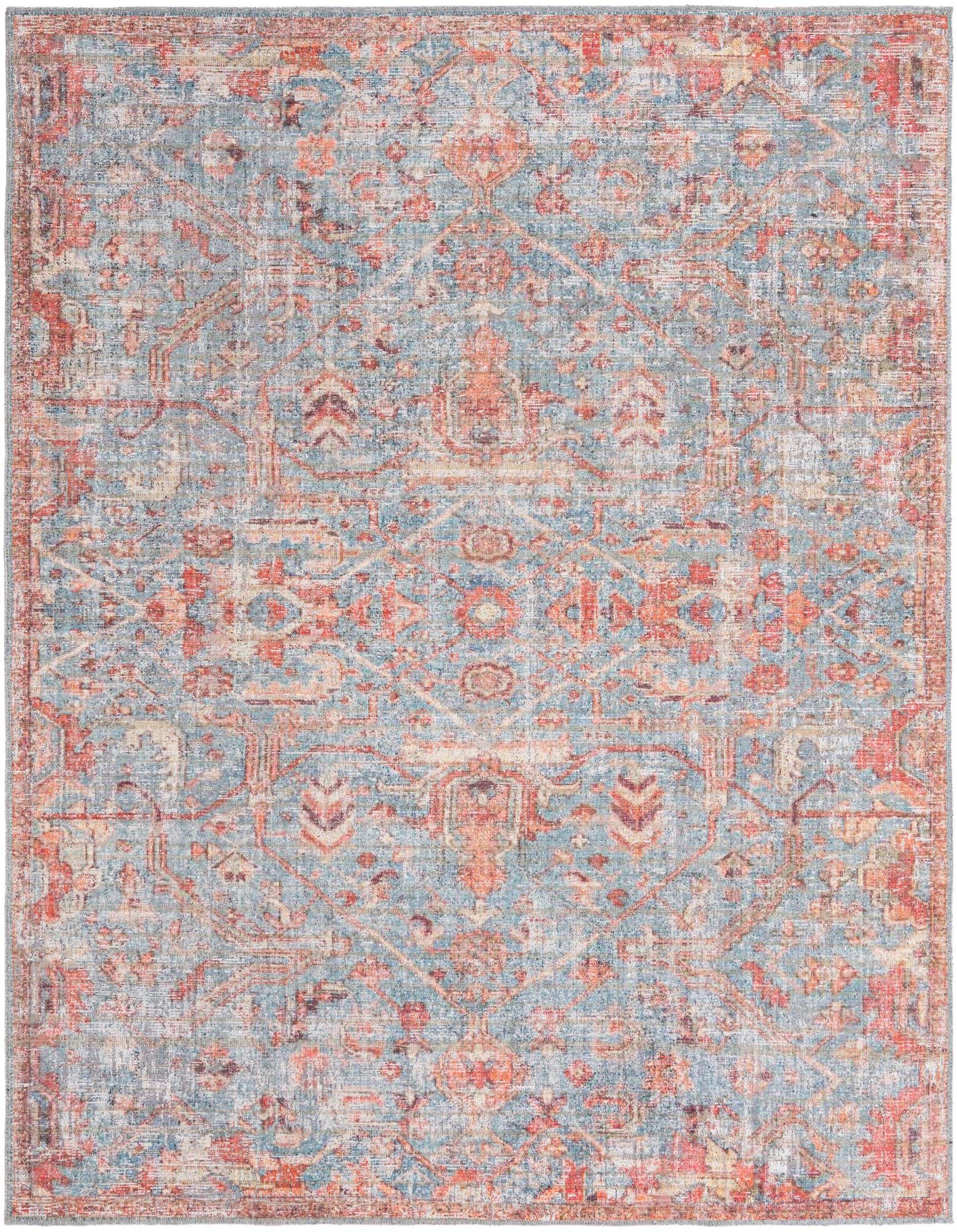 A 7' 10 x 7' 10 square blue and orange traditional tribal rug with a distressed vintage look.