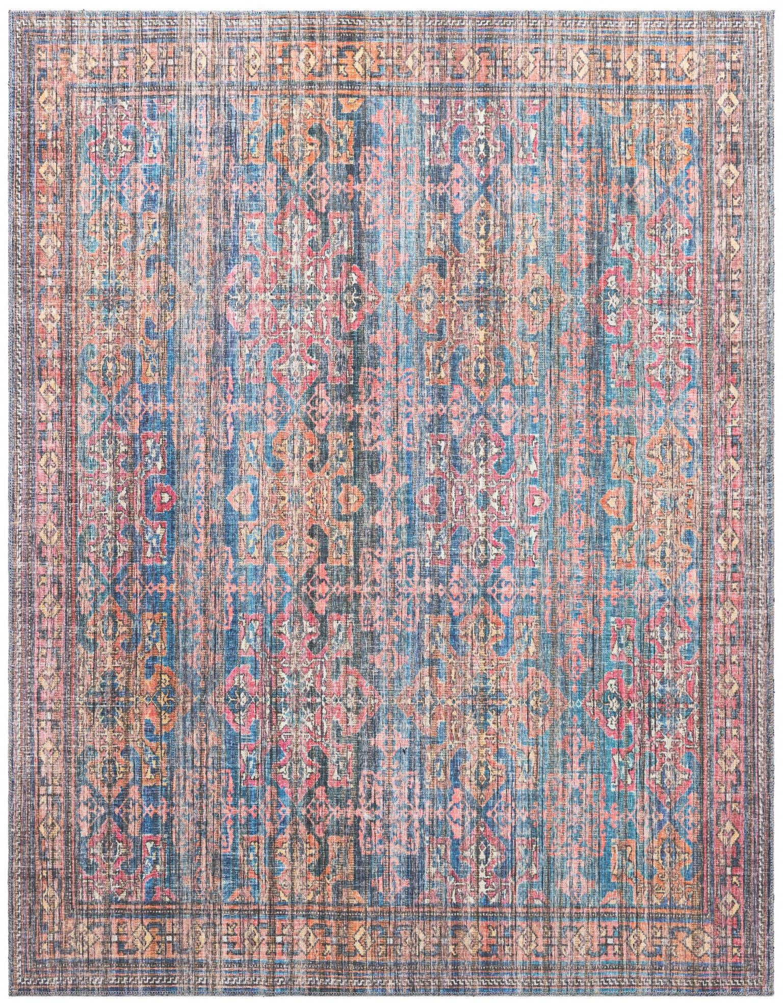 A 7' 3 x 7' 3 square blue traditional rug with vintage floral patterns in pink, orange, and beige.