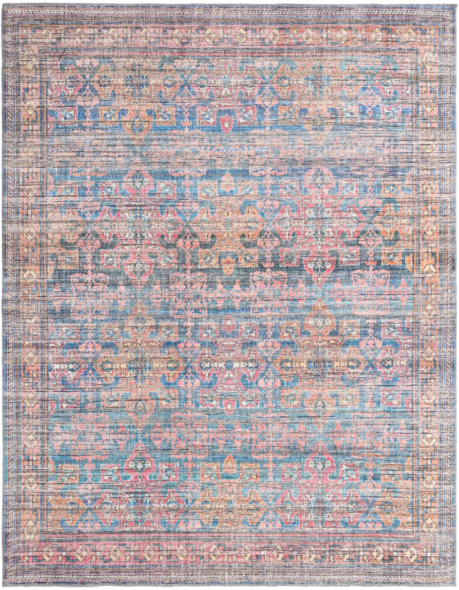 A 7' 10 x 7' 10 square blue traditional rug with vintage floral patterns in pink, orange, and cream.