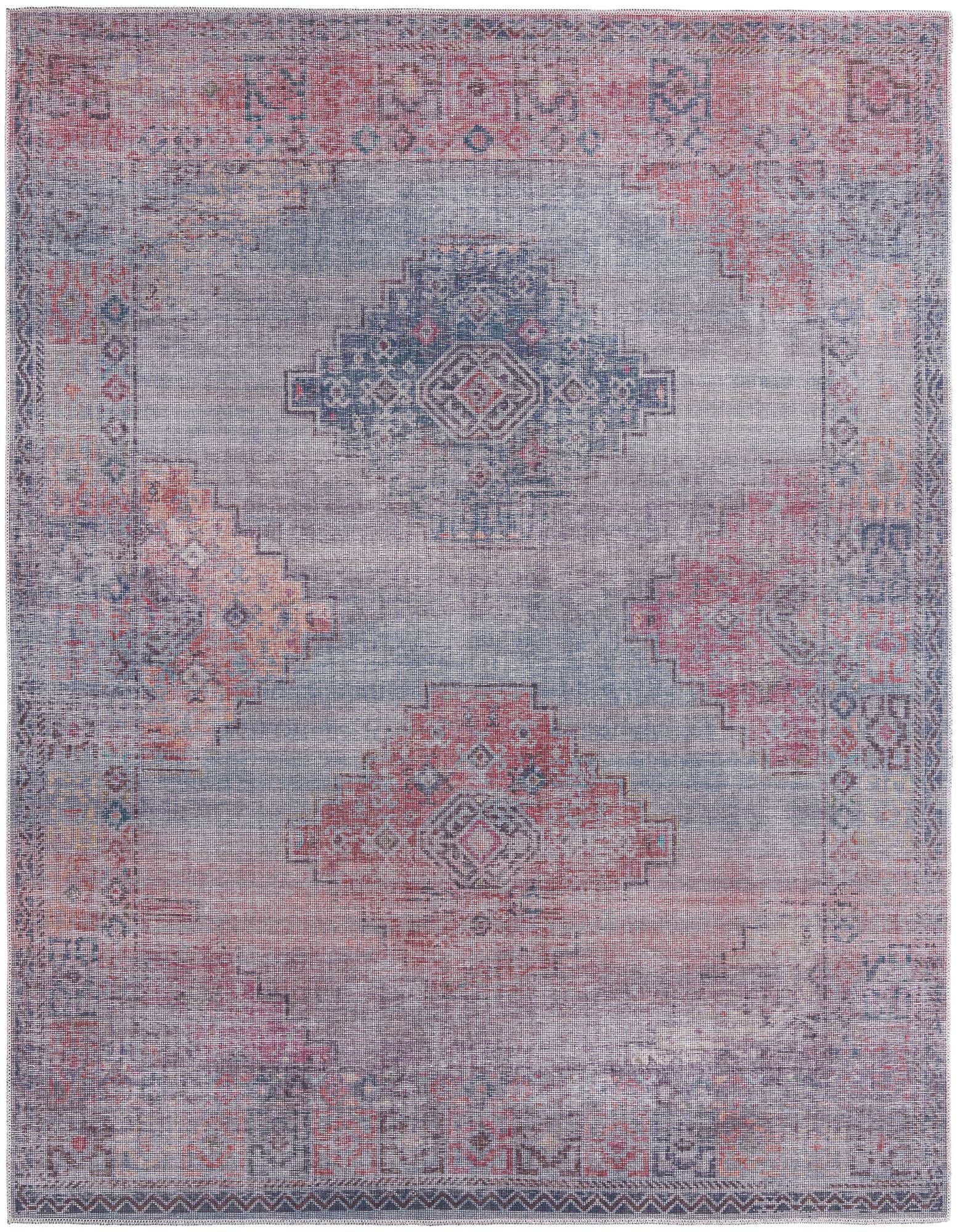 A 7' 10 x 7' 10 square blue Southwestern rug with a distressed vintage pattern in shades of blue, red, and orange.