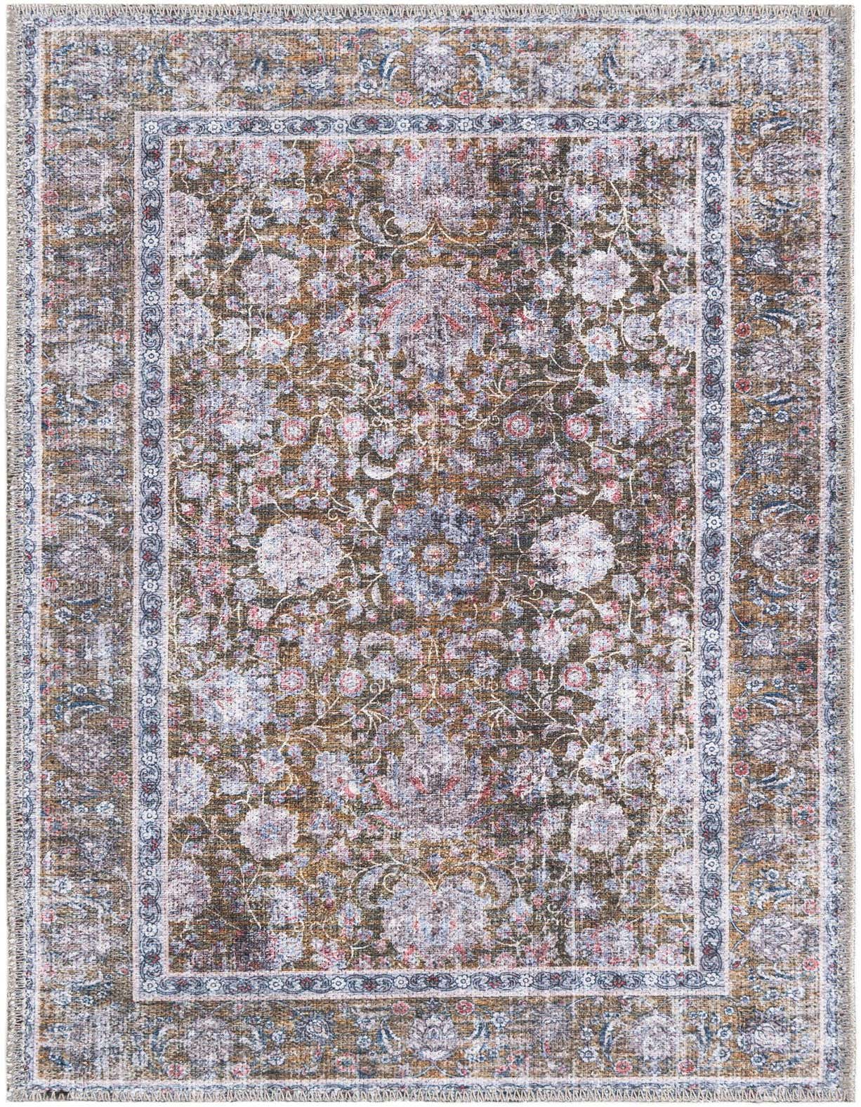 A 2x3 rectangular Yara rug in antique gold with a distressed floral pattern and intricate border, suitable for an entryway.