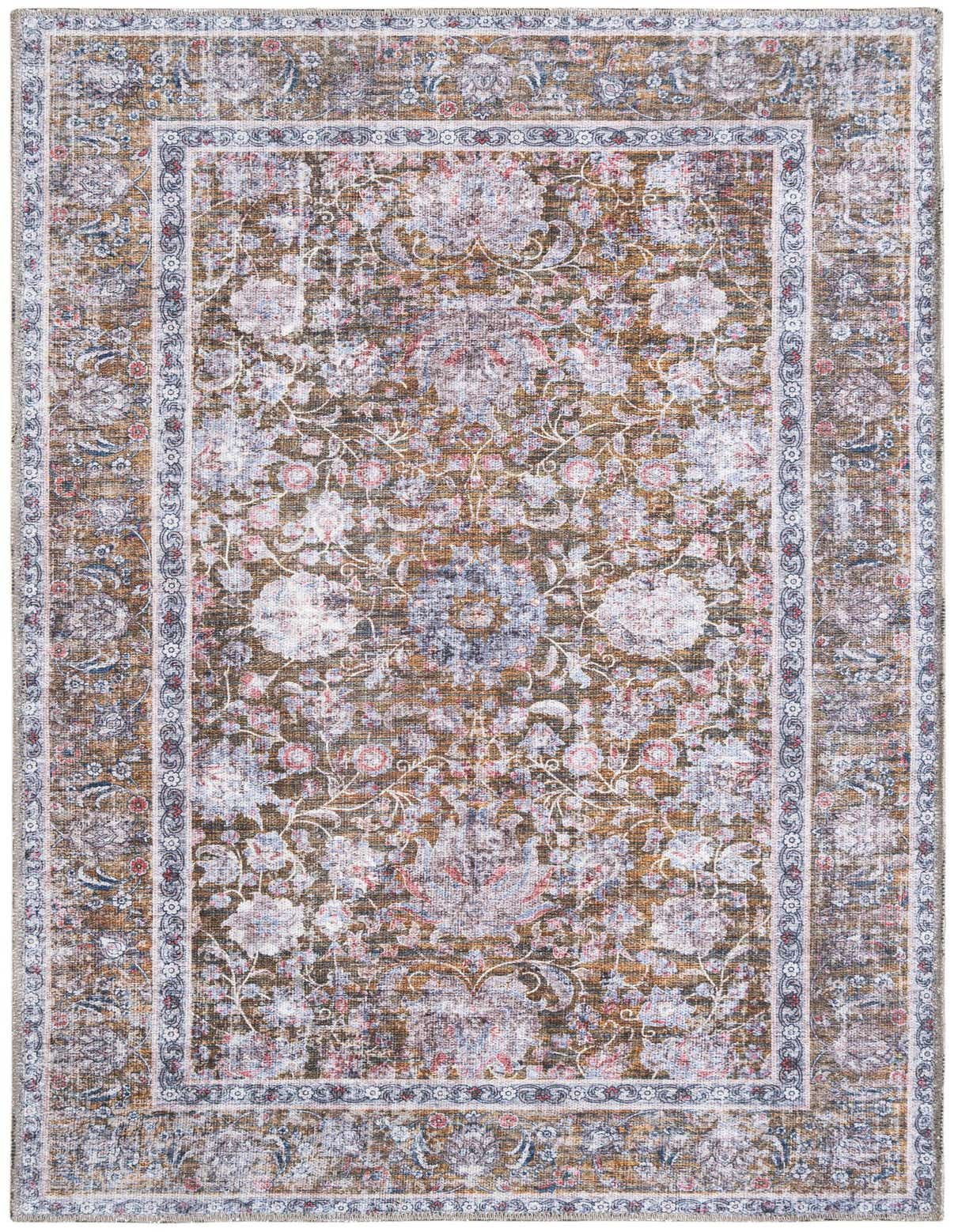 A rectangular 3x5 Rugs.com Yara rug in antique gold with a faded traditional floral pattern and ornate border.