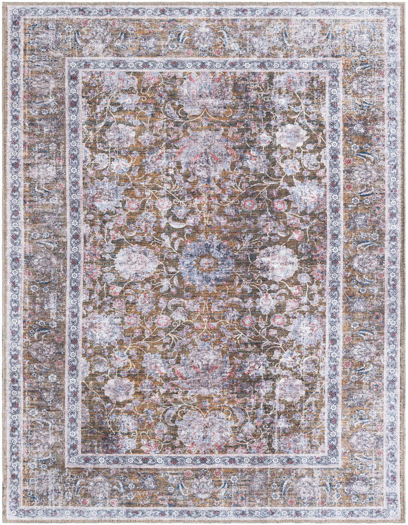 A 4x6 rectangular Rugs.com Yara rug in antique gold with a distressed floral and bordered pattern.