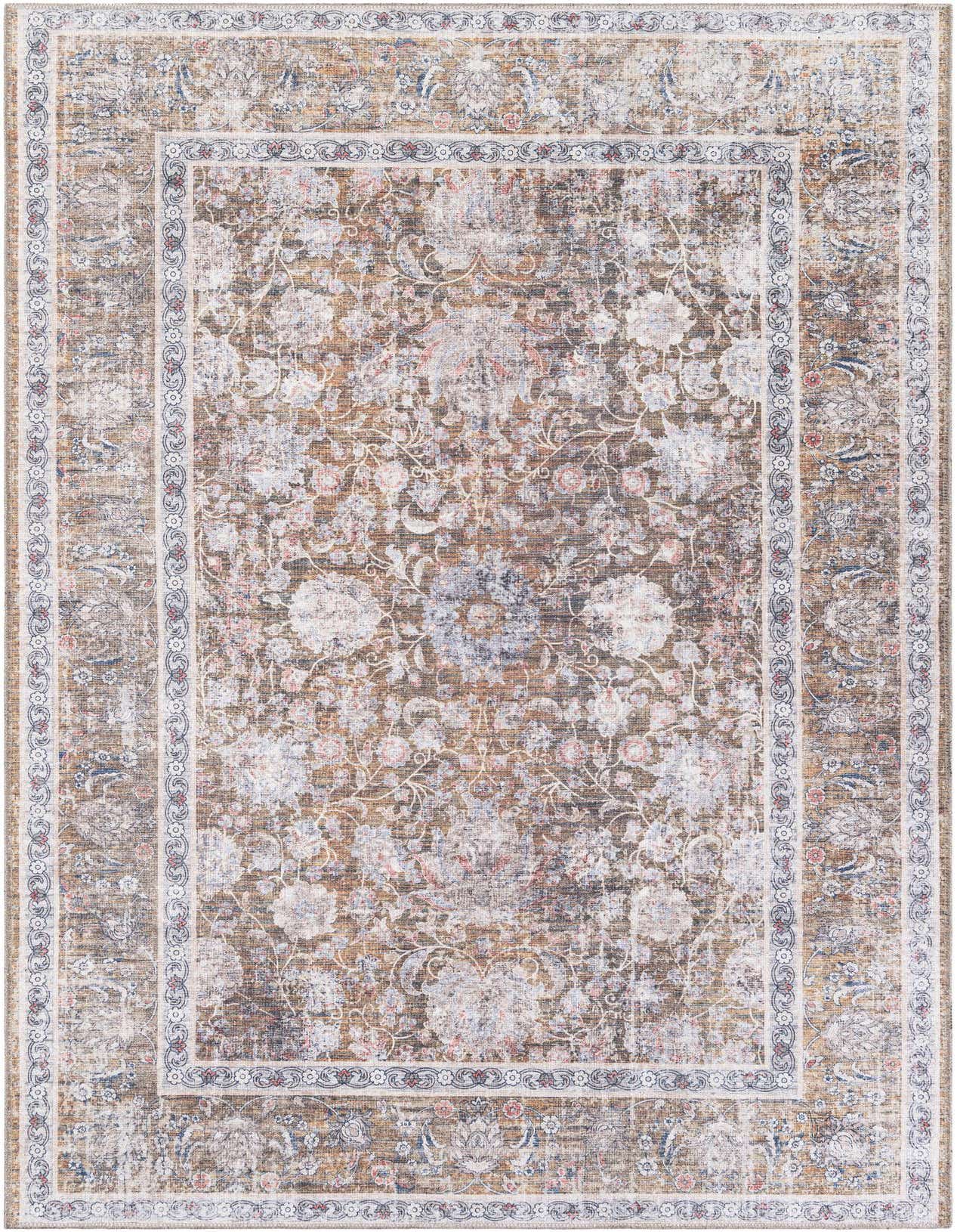 A 5x8 rectangular Yara rug in antique gold with a faded floral and botanical pattern and a decorative border.