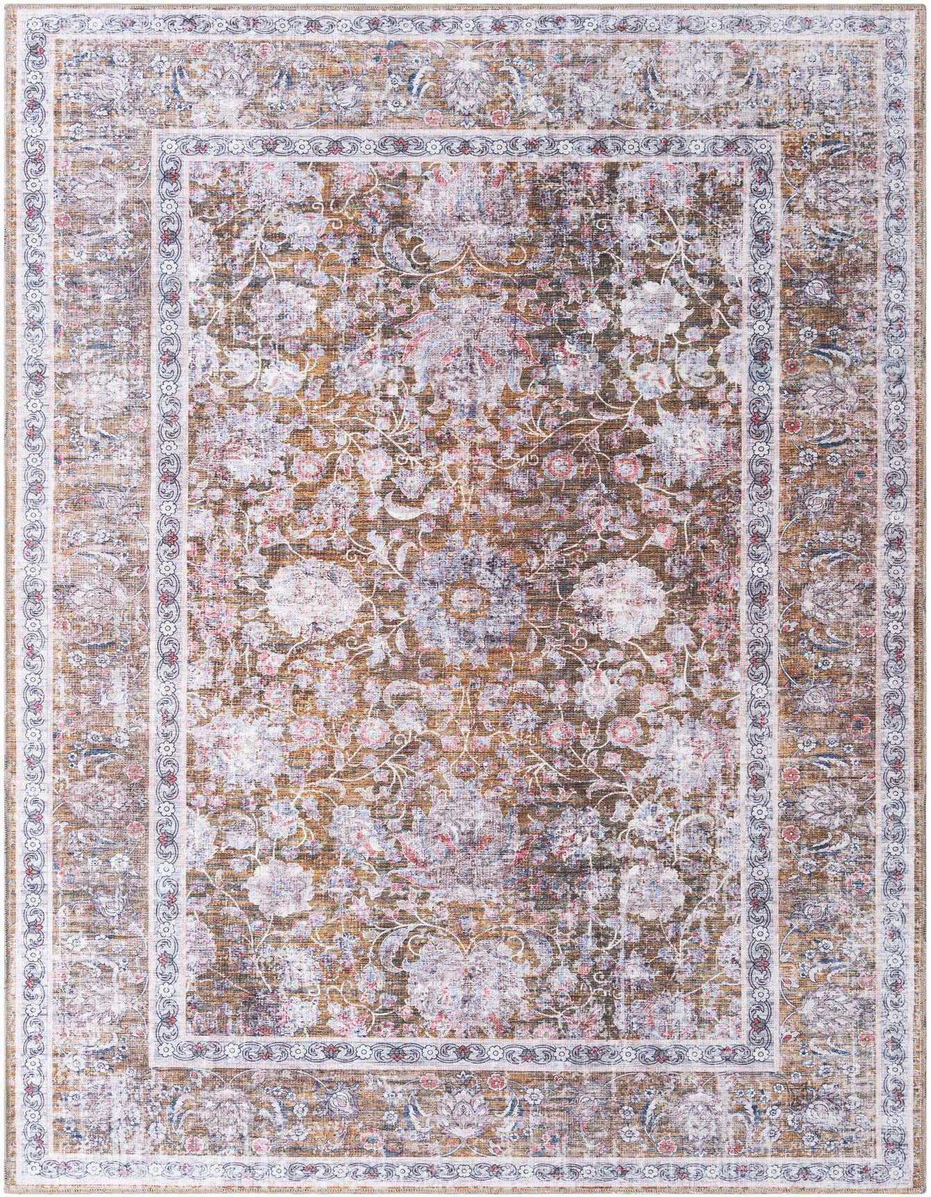 A rectangular 6x9 Yara Collection rug in antique gold, featuring a distressed traditional floral pattern with hints of pink and blue.
