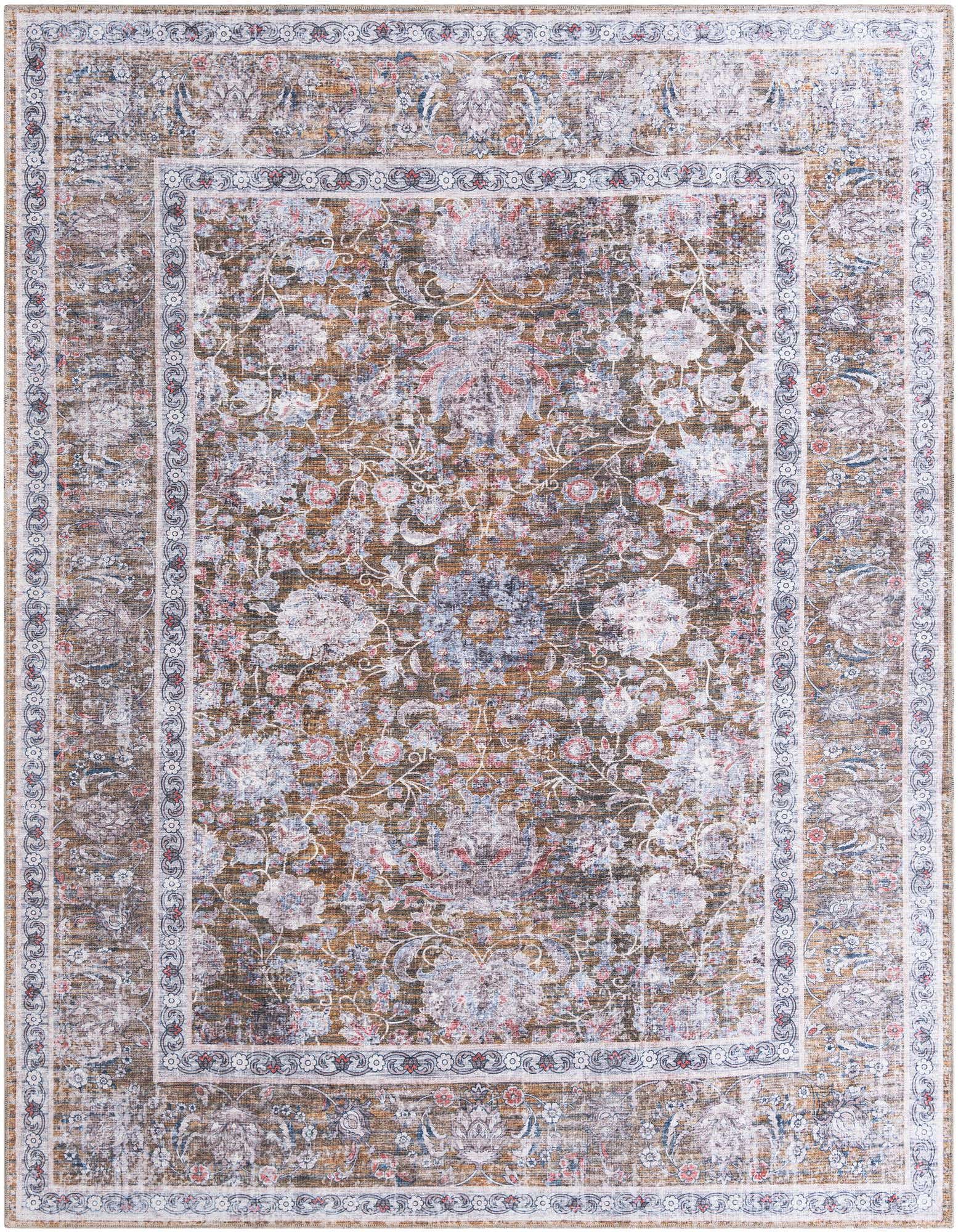 An 8x10 rectangular antique gold rug featuring a distressed floral medallion pattern with hints of blue, pink, and white.