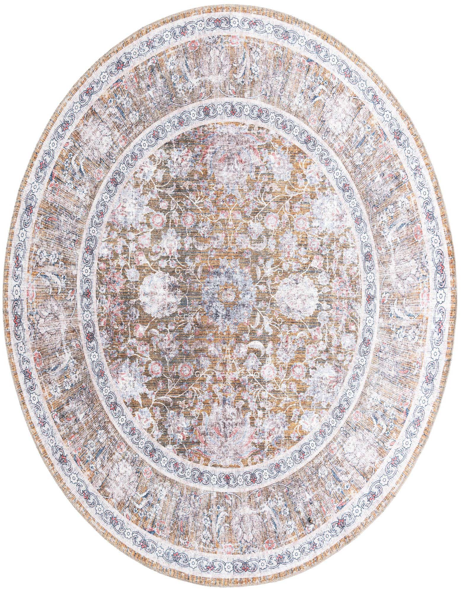 A round 7' 10 x 7' 10 Yara Collection rug in antique gold with a distressed floral pattern and decorative border.
