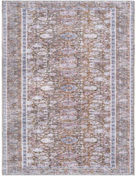 A 10 ft runner rug in antique gold with a distressed traditional floral pattern and a decorative border, perfect for a hallway.