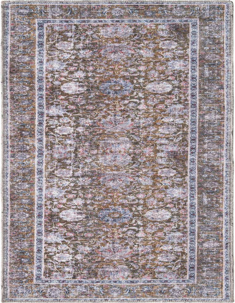 An antique gold runner rug with a distressed traditional floral pattern in muted blues, pinks, and creams, featuring a decorative border.