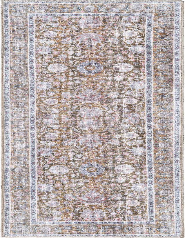 A 6 ft runner rug in antique gold with a faded floral pattern and a decorative border, suitable for a hallway.