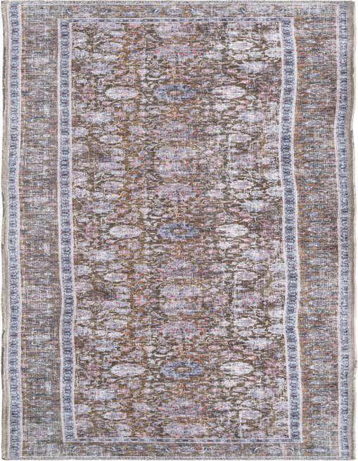An 8 ft runner rug in antique gold with a faded floral pattern and a subtle border, perfect for a hallway.