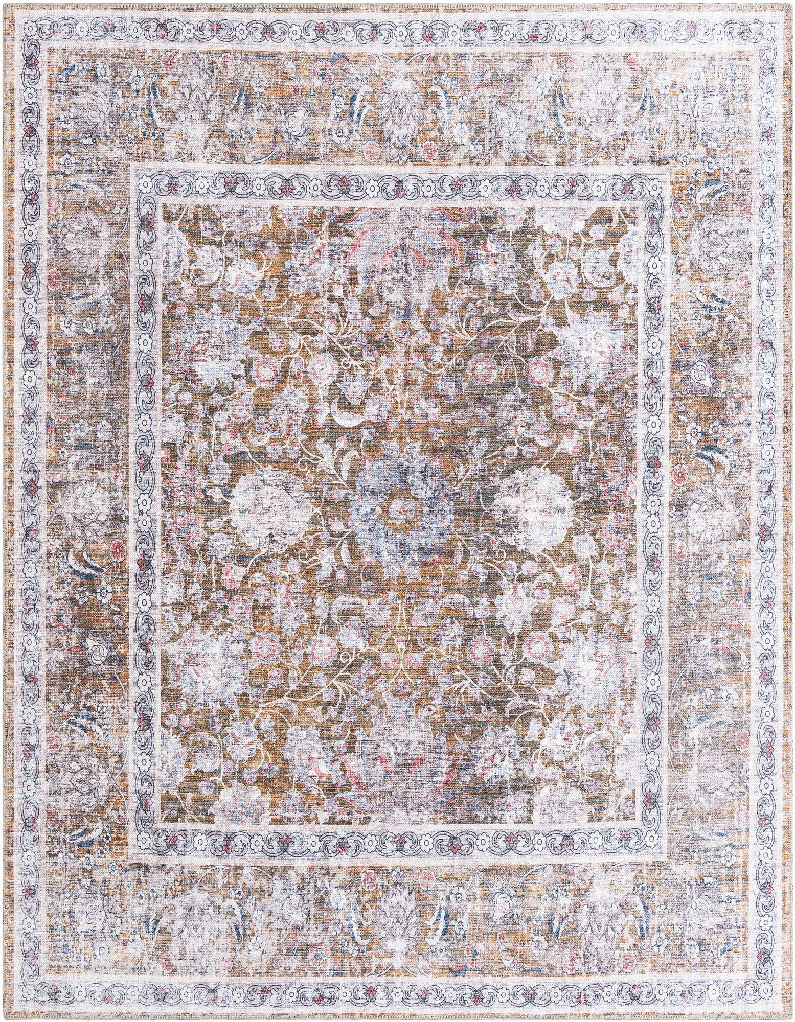A square 7' 10 x 7' 10 Rugs.com Yara rug in antique gold with a distressed floral pattern and decorative border.
