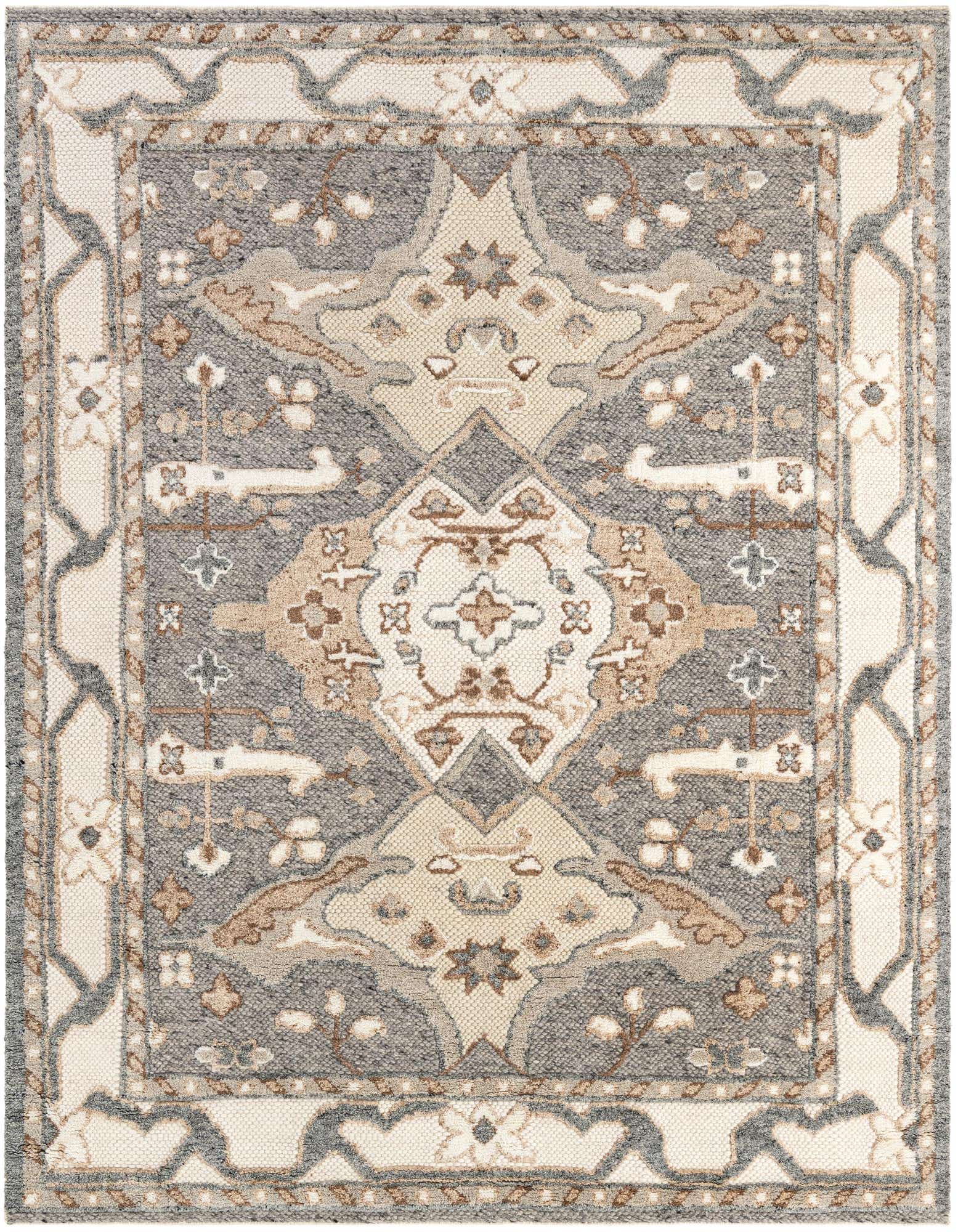 An 8x10 rectangular Sultan Signature rug featuring an antique gray modern pattern with cream and brown accents.