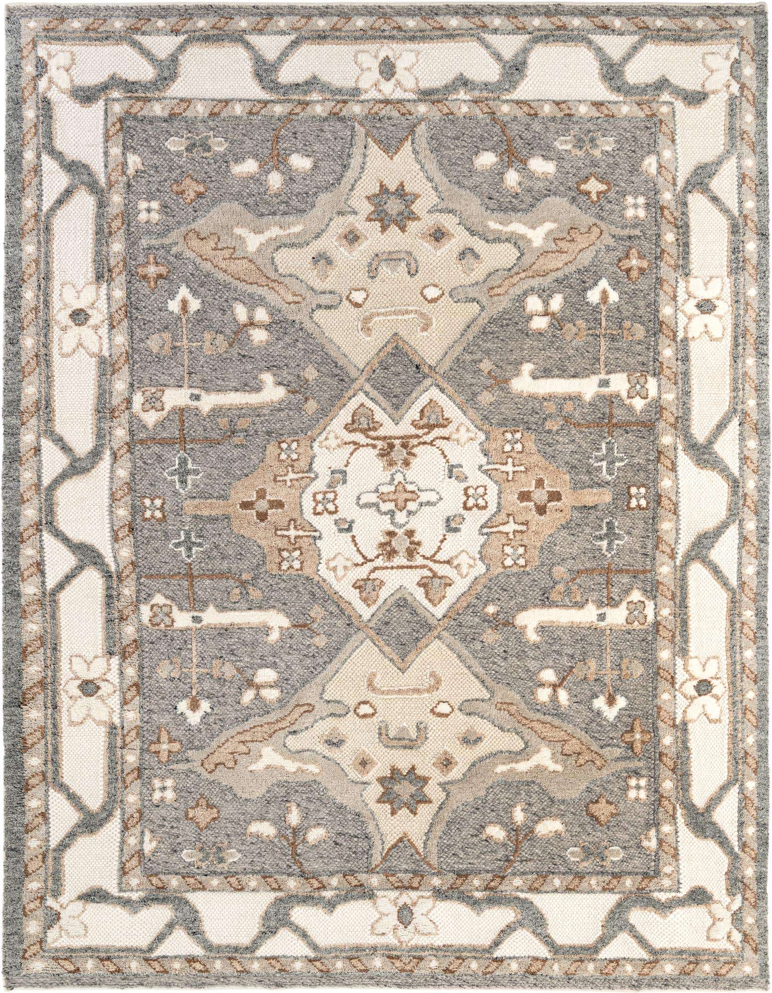 A rectangular 9x12 Antique Gray rug with a traditional medallion pattern and intricate border in cream, beige, and brown tones.