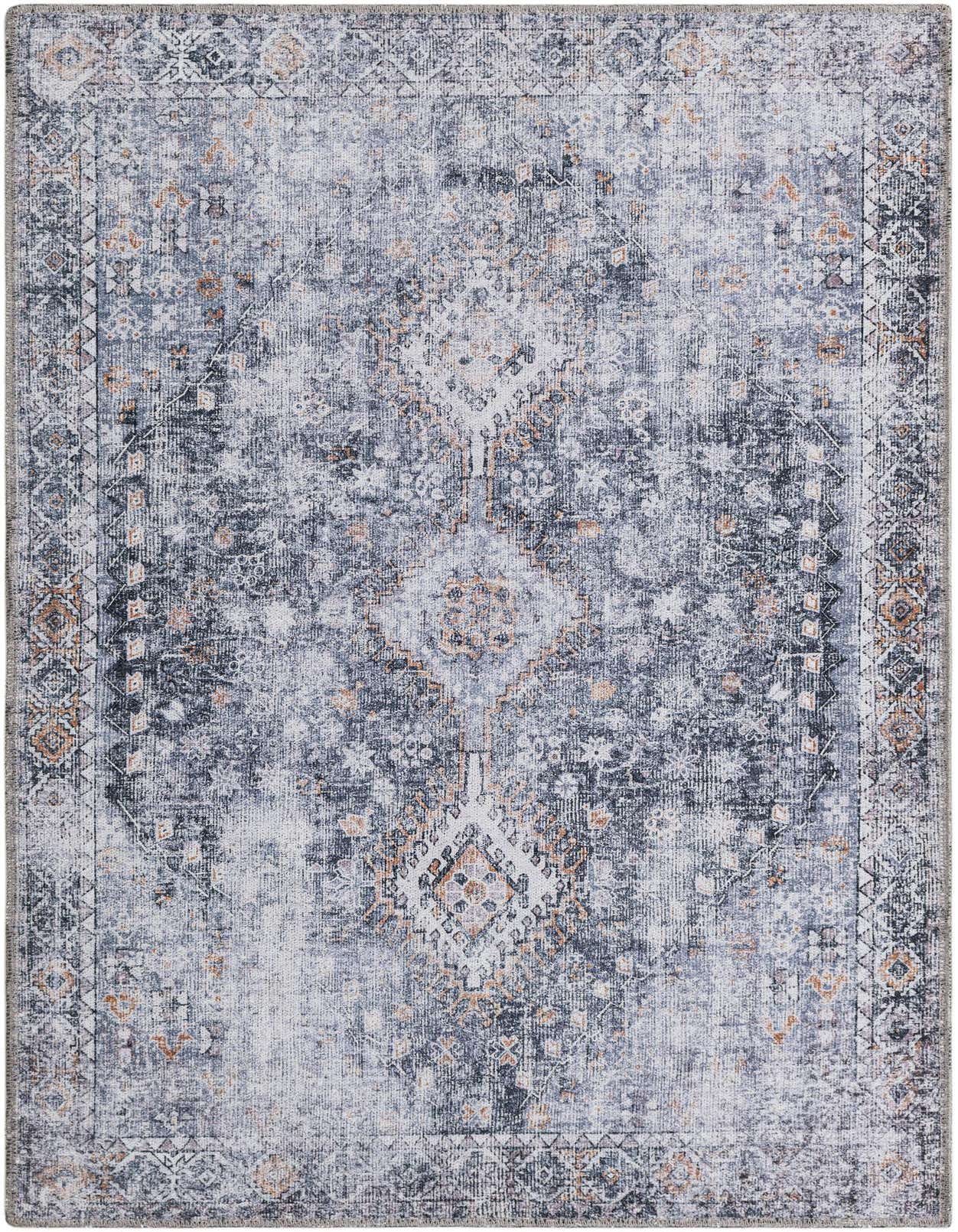 A 3x5 rectangular Rugs.com Yara rug in antique gray with a distressed, traditional pattern and subtle orange accents.