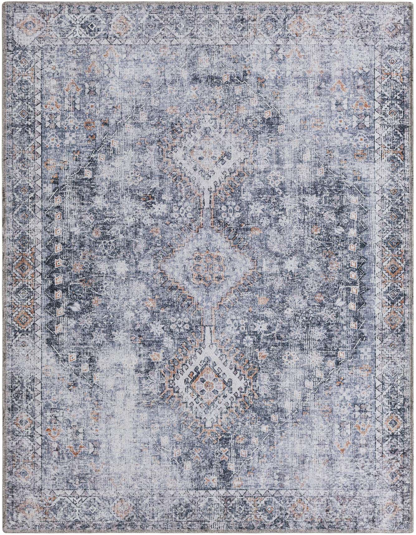 A 4x6 rectangular Rugs.com Yara rug in antique gray with a distressed, ornate pattern and subtle orange accents.
