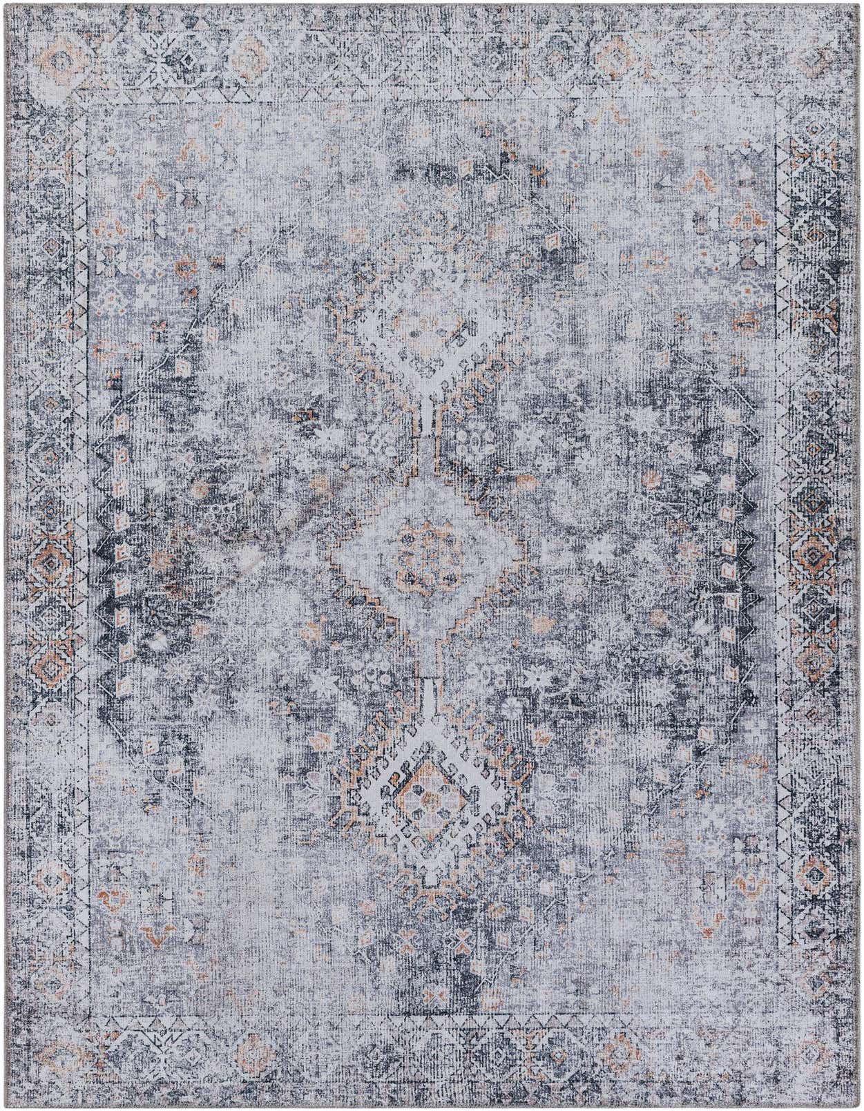 A 5x8 rectangular Yara rug in antique gray with a distressed traditional Oriental pattern and subtle orange accents.