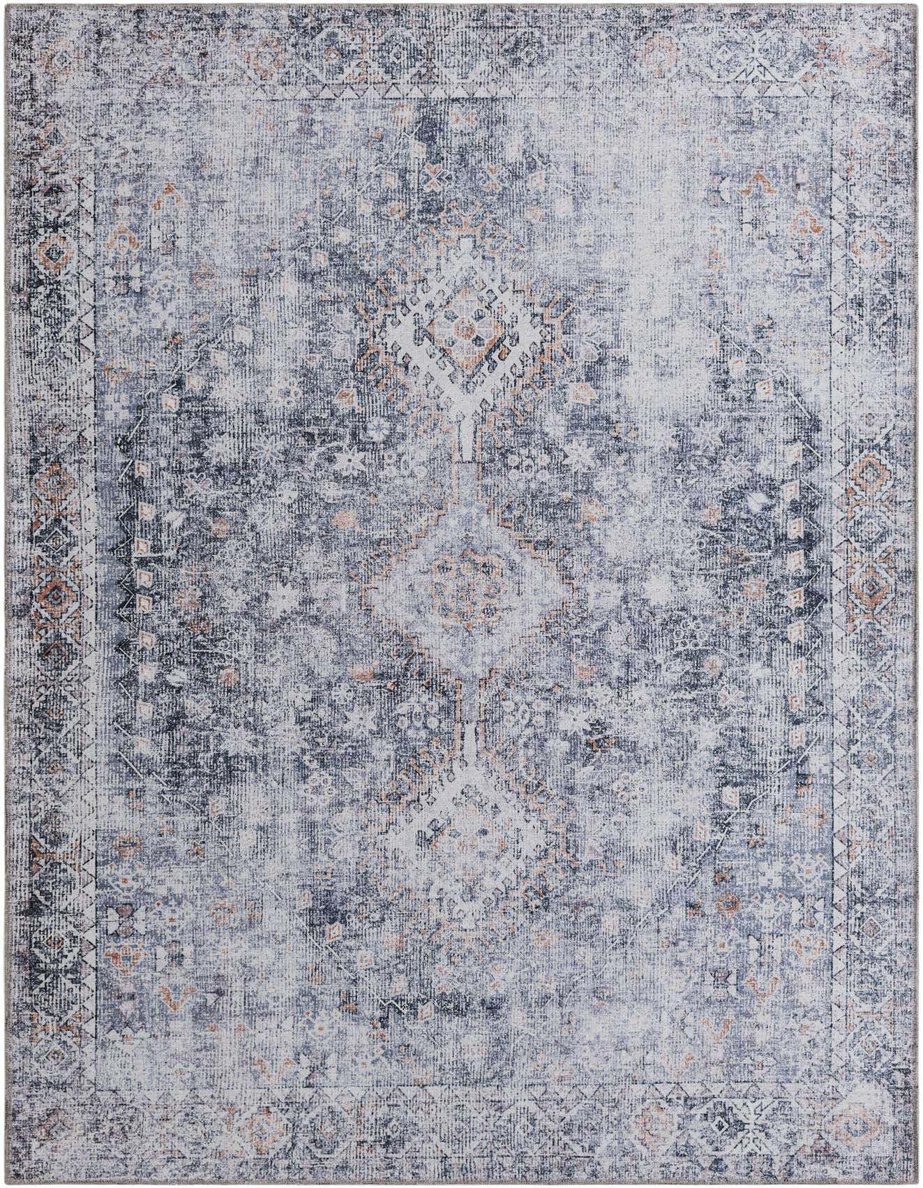 A 6x9 rectangular Rugs.com Yara rug in antique gray with a distressed traditional pattern and subtle orange accents.