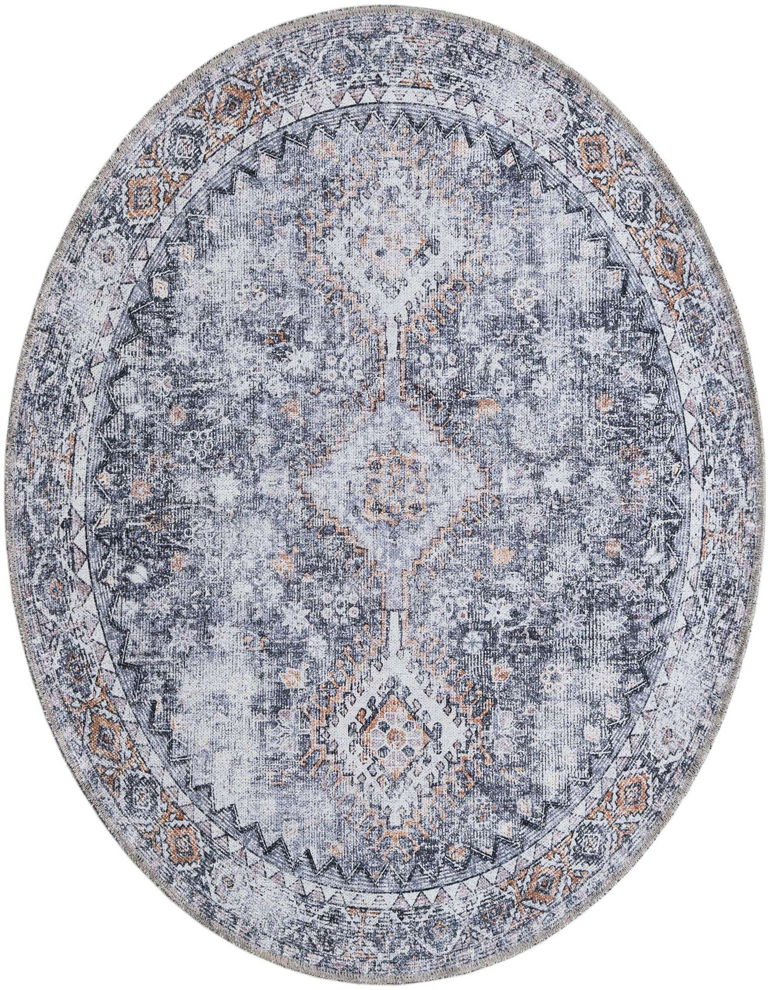 A 4' round antique gray rug with a distressed, faded traditional pattern in shades of gray, white, and subtle orange.