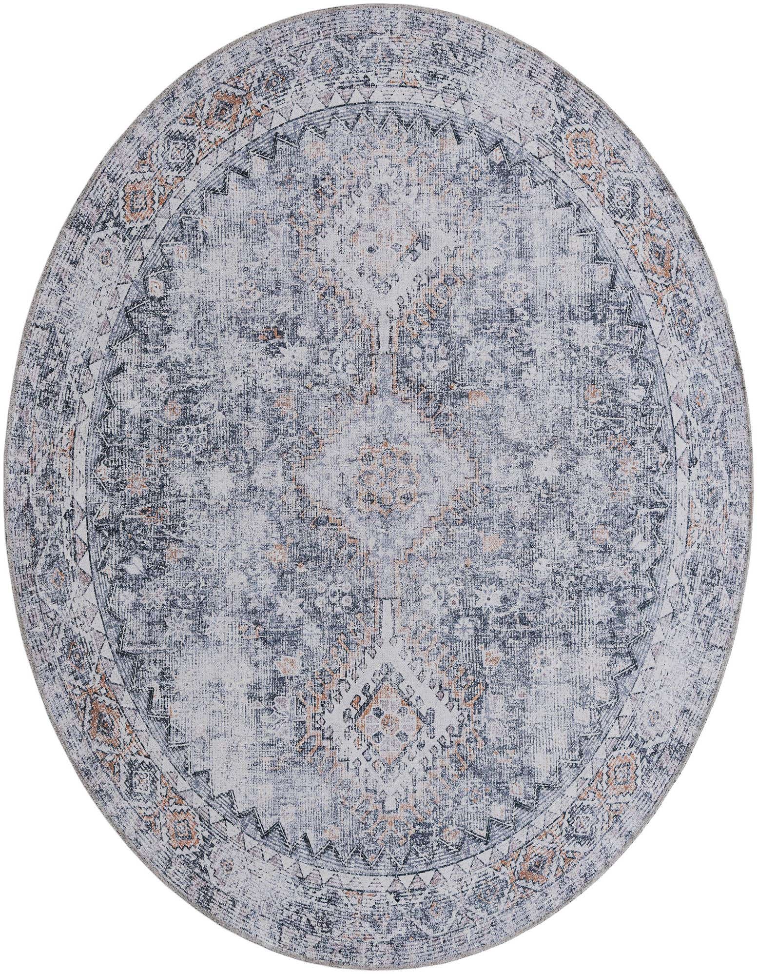 A round 7' 10" antique gray rug with a distressed traditional pattern and subtle orange accents, suitable for indoor spaces.