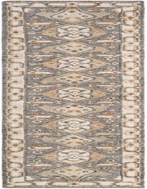 A 12 ft runner rug with an antique gray, beige, and cream modern abstract pattern, perfect for a hallway.