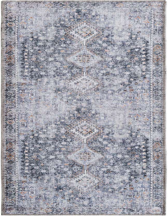 A 6 ft runner rug in antique gray with a distressed, traditional-inspired pattern, ideal for hallways or kitchens.