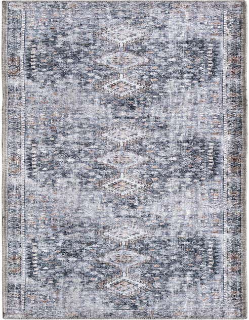 An 8 ft runner rug in antique gray with a distressed, faded medallion pattern and geometric border, suitable for a hallway.