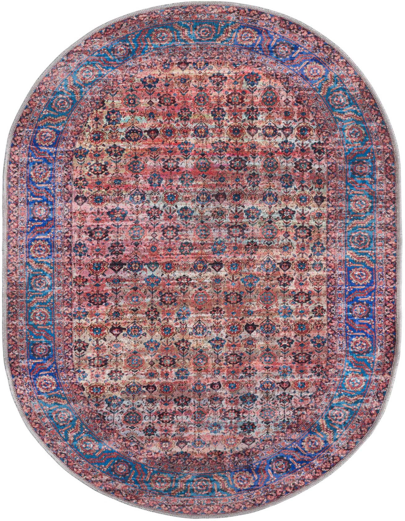 A 4'x6' oval Maahru rug by Rugs.com featuring a distressed pink and blue traditional floral pattern with an ornate border.