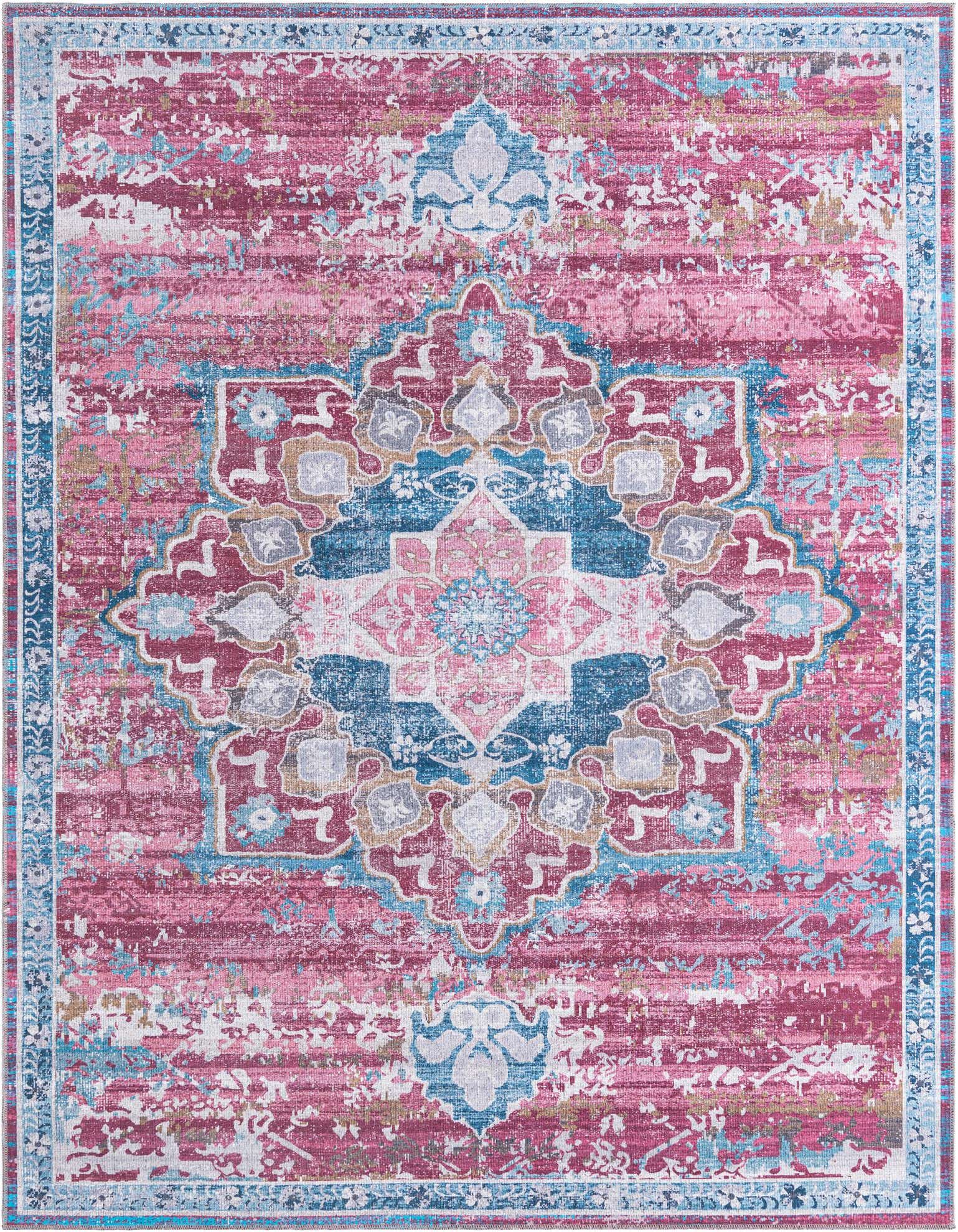 A 10x13 rectangular Francesca rug featuring a distressed pink, blue, and white traditional medallion pattern.
