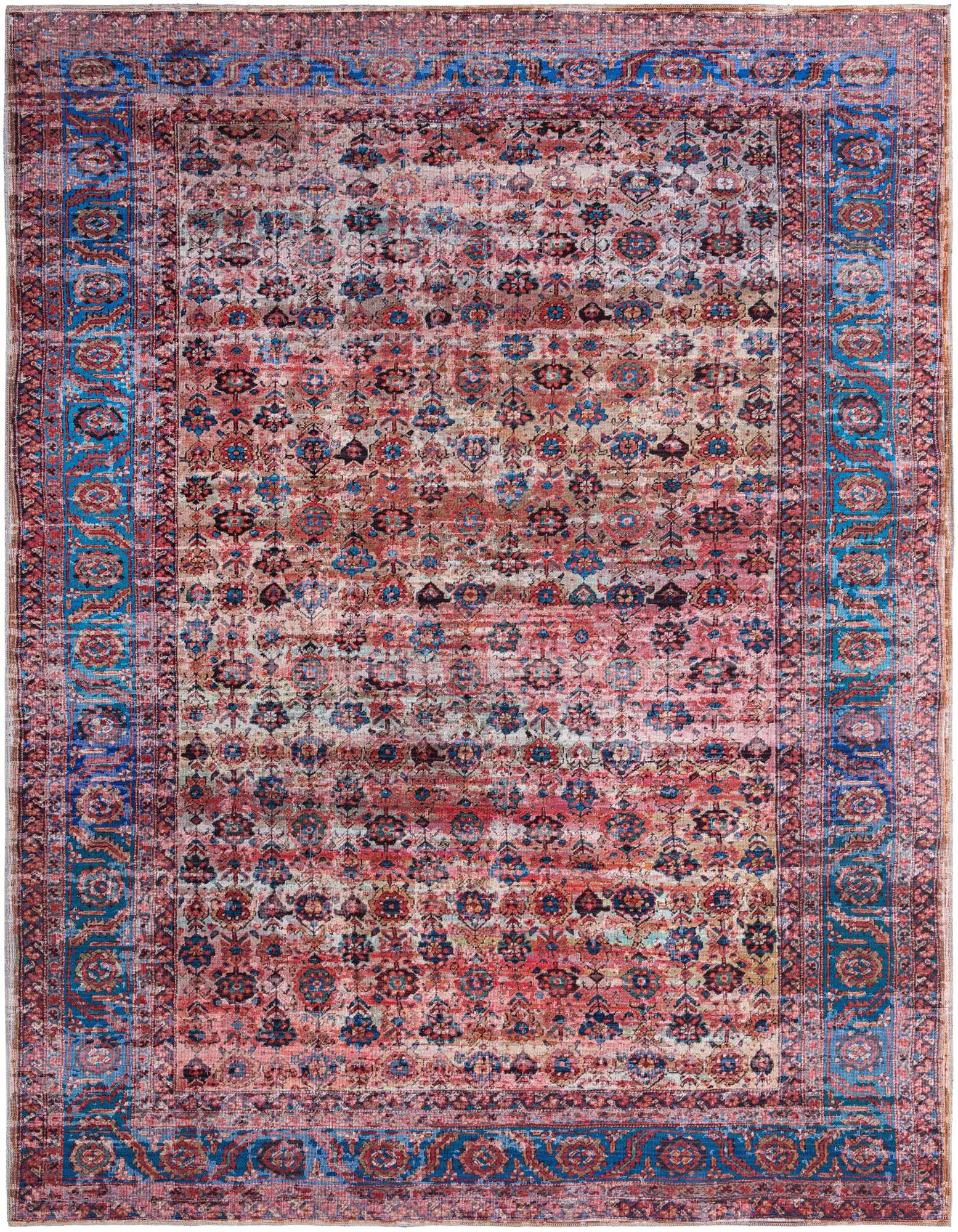 A 10x13 rectangular Maahru rug featuring a distressed traditional floral pattern in various pinks, reds, and blues with a distinct blue border.