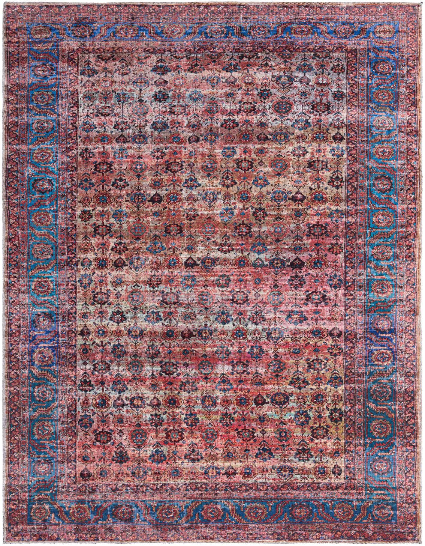 A 7x10 rectangular Maahru rug with a distressed pink and blue traditional floral pattern and a blue border.