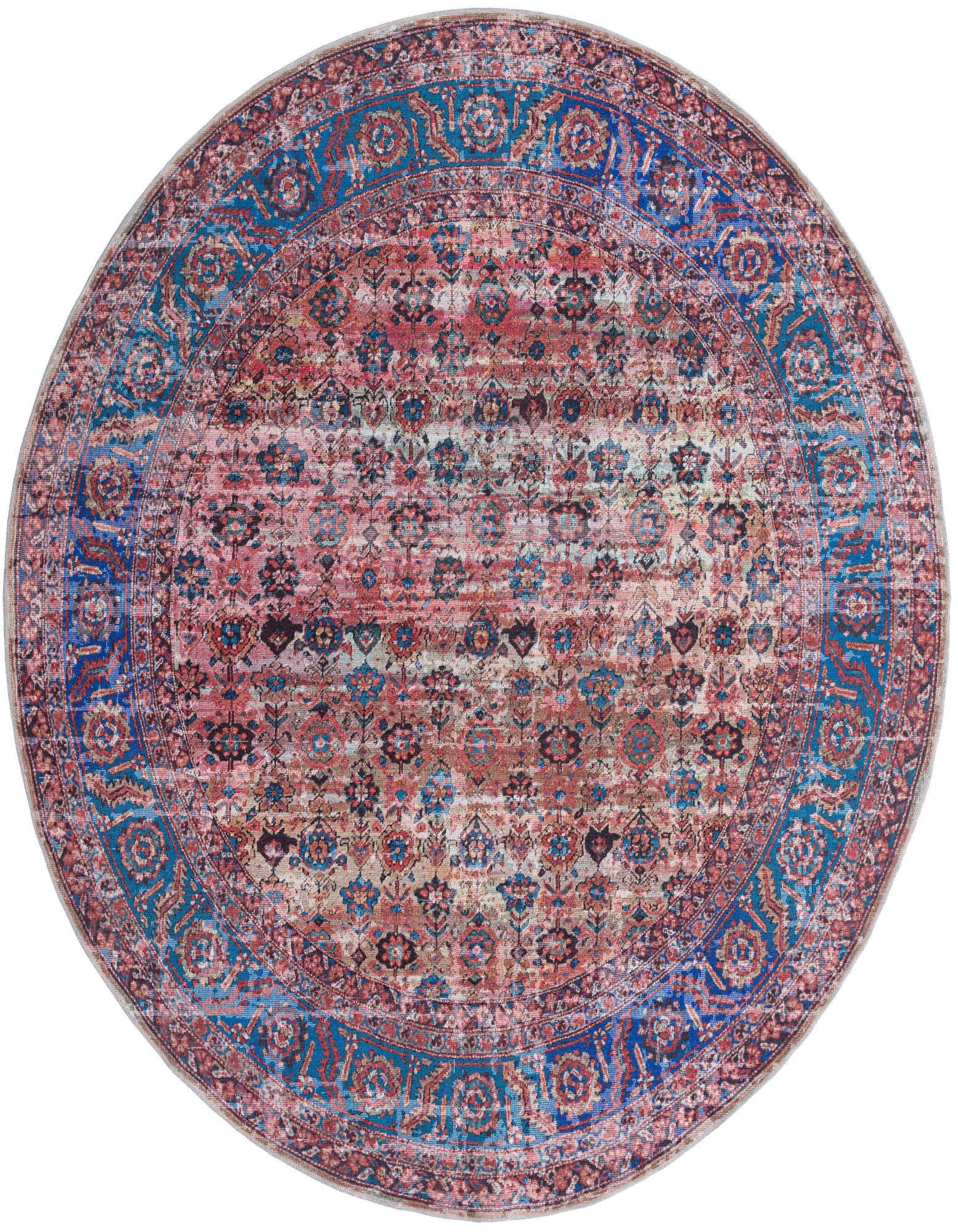 A 10' 6 x 10' 6 round Maahru rug featuring a distressed traditional floral pattern in shades of pink, blue, and cream.