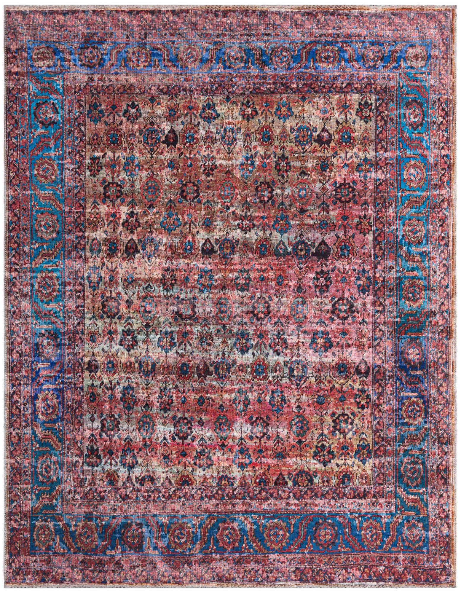 A 7' 3 x 7' 3 square Maahru rug featuring a distressed traditional floral pattern in shades of pink, red, and blue with a detailed border.