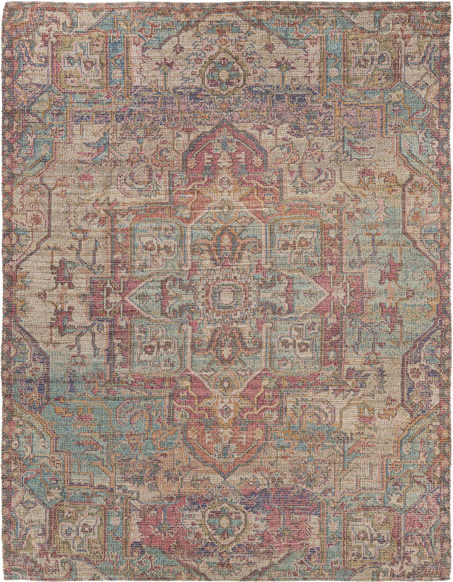 A 9x12 rectangular Chenille Jute rug featuring a traditional Oriental medallion pattern in blues, reds, and natural tones.