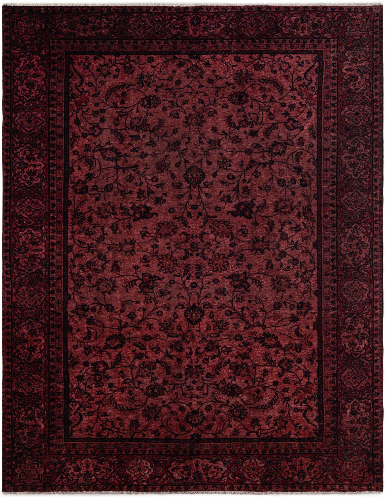A rectangular 8x10 red traditional rug with a distressed vintage floral pattern and dark border.