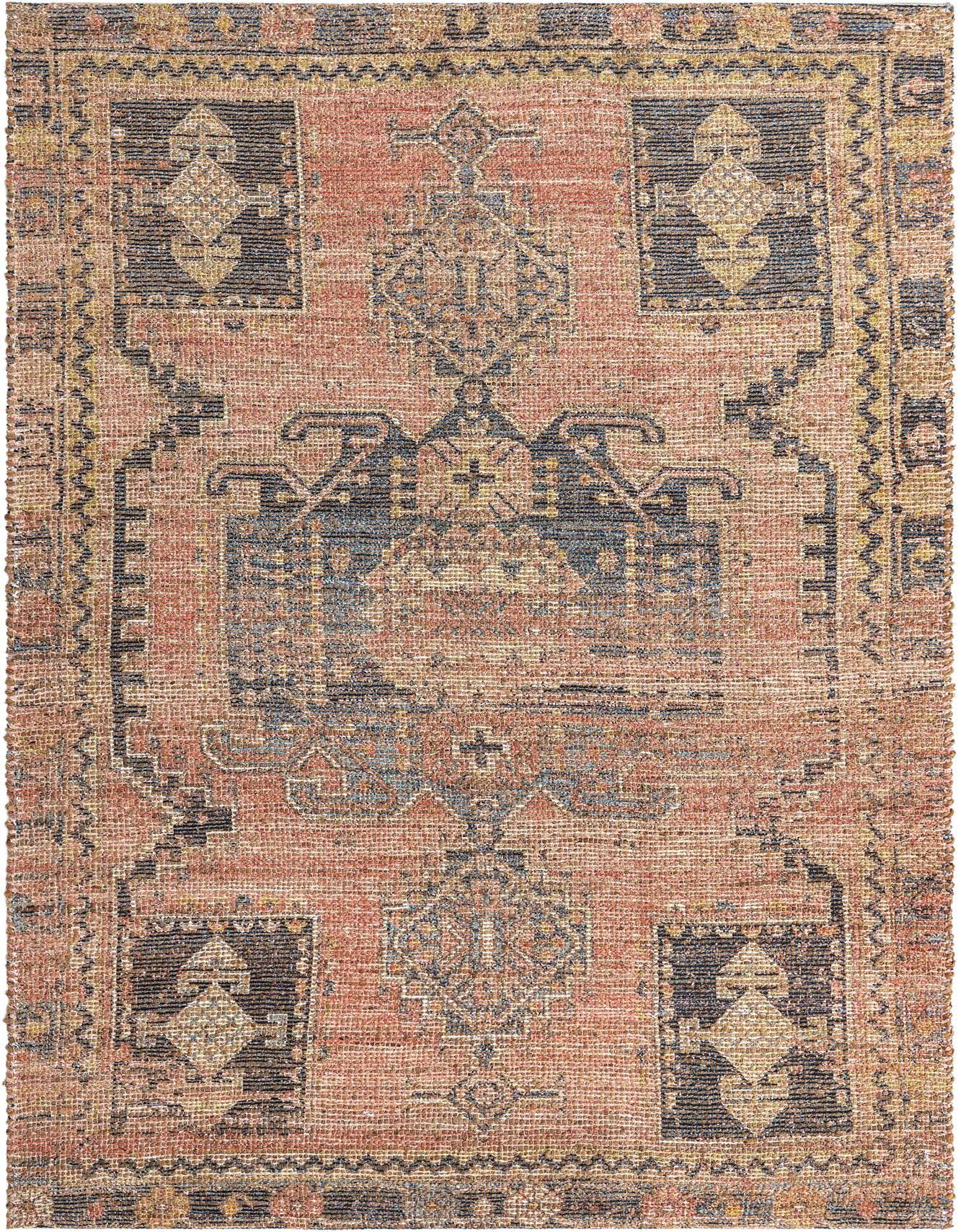 A 5x8 rectangular Rugs.com Chenille Jute rug in reds with an Oriental medallion pattern and traditional vintage style.