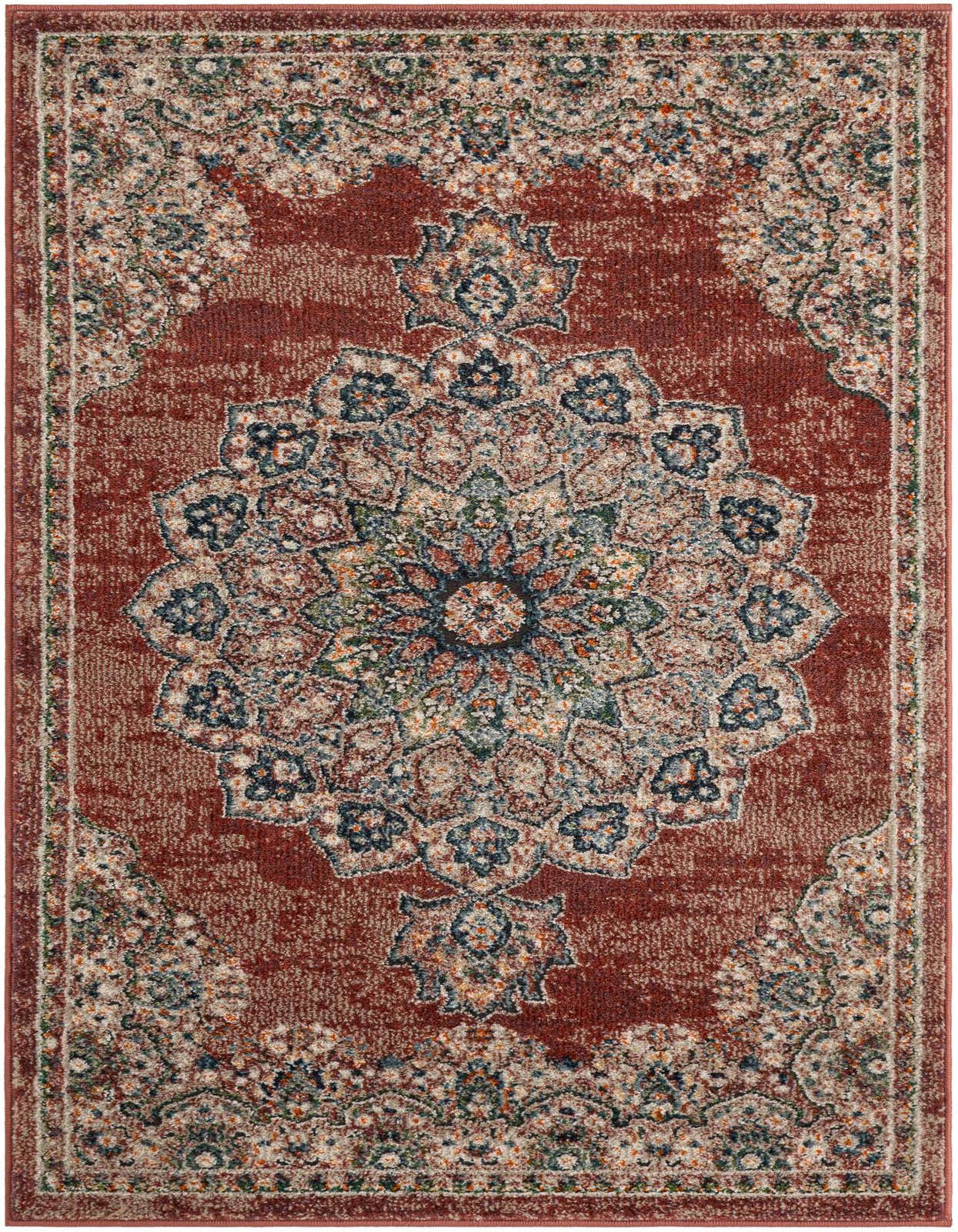 A 3x5 rectangular red area rug with a distressed medallion pattern in blue, cream, and green, suitable for a living room or patio.