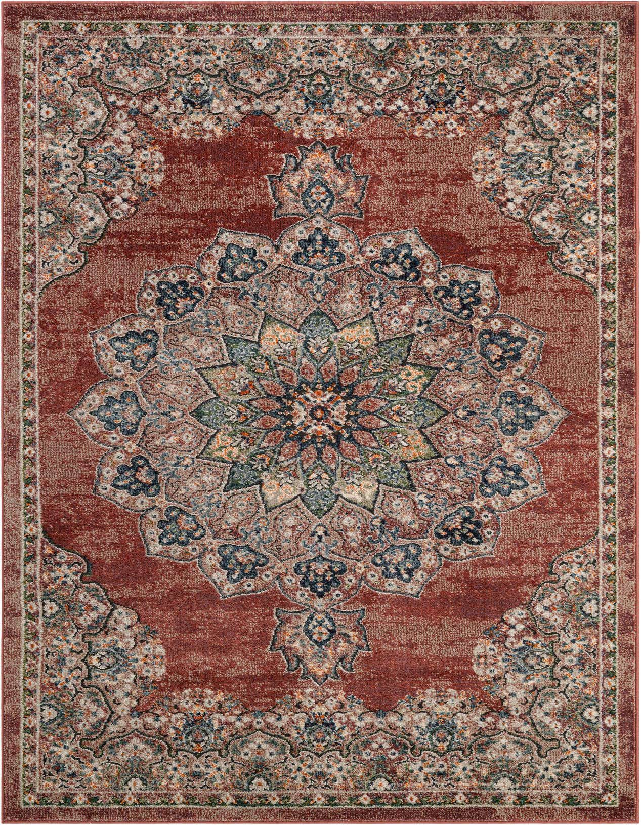 A 5x8 rectangular red area rug with a detailed, distressed medallion pattern in blue, green, and cream, ideal for a living room.