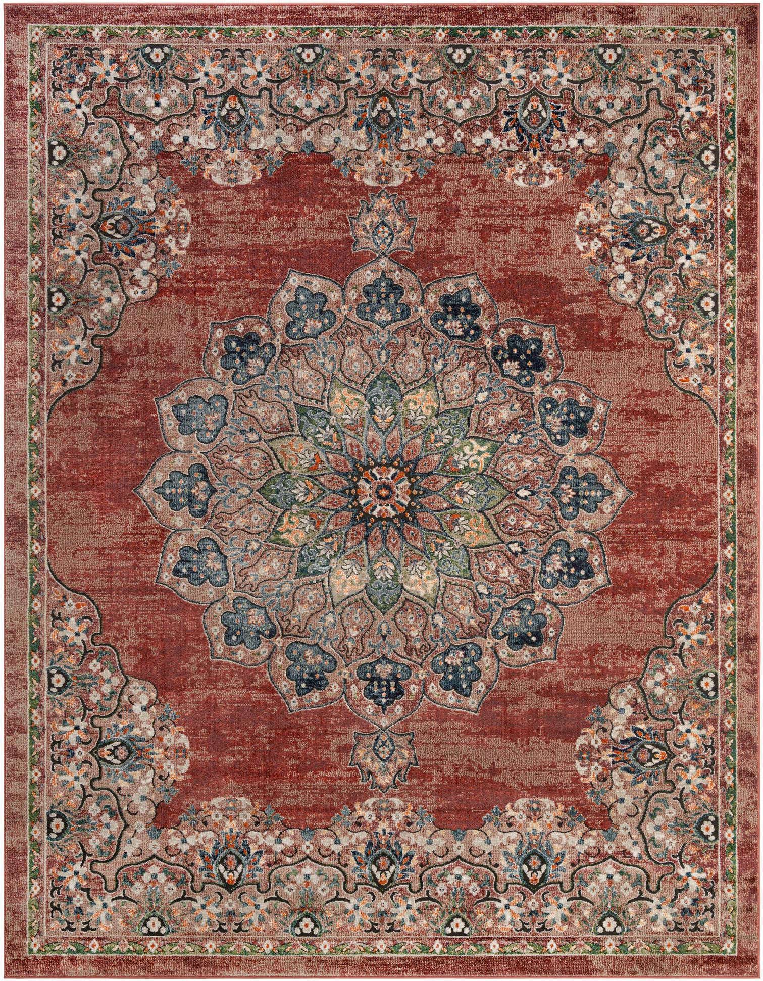 A 9x12 rectangular Rugs.com Isabella rug in traditional red with an intricate medallion and floral border.