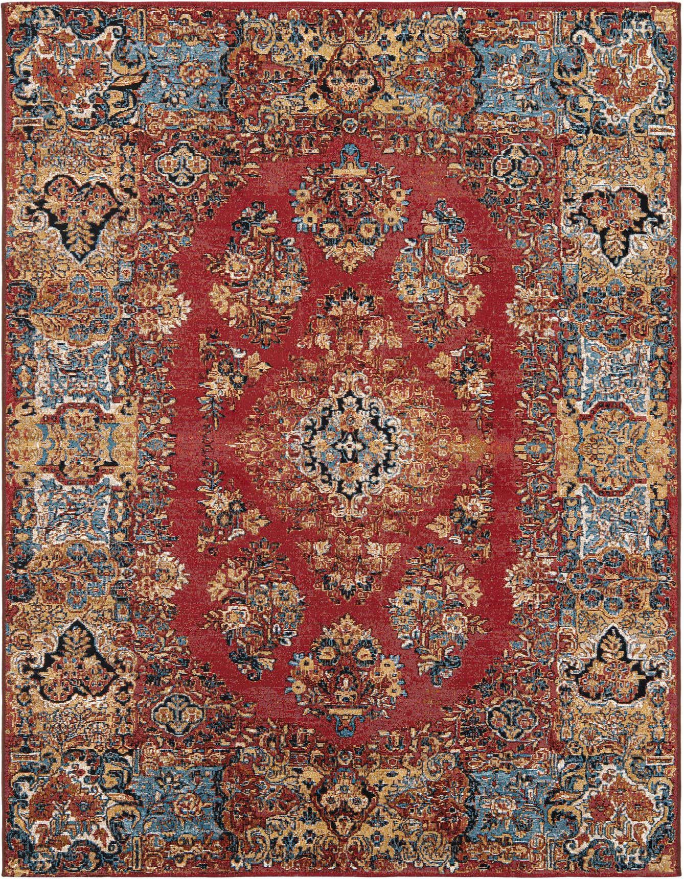 A 6x9 rectangular red indoor/outdoor rug with a traditional medallion and floral pattern in gold, blue, and black.