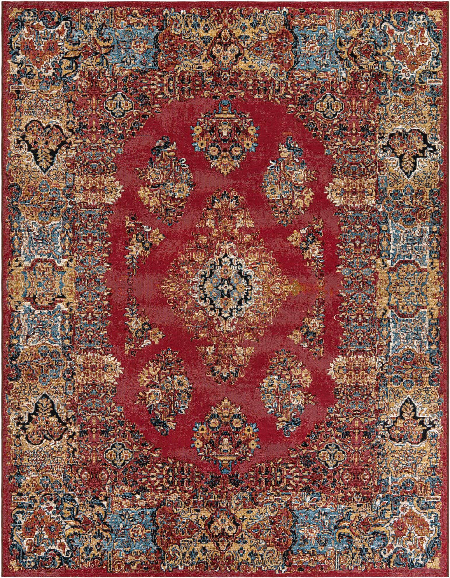 An 8x10 rectangular red Oriental rug with a central medallion and intricate floral patterns in gold, blue, and black.
