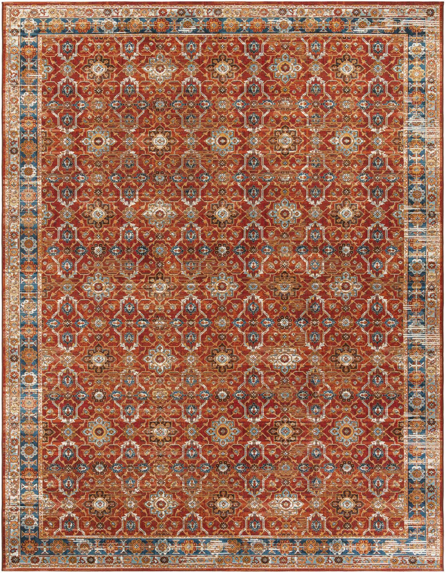 A 10x14 rectangular red traditional rug with an intricate medallion and floral pattern, featuring blue and gold accents, suitable for indoor or outdoor use.