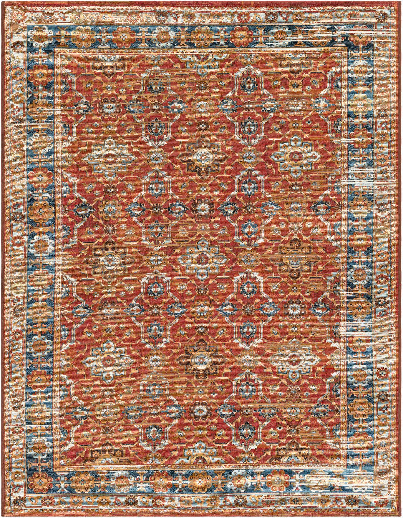 A 4x6 rectangular red traditional rug with an ornate oriental pattern in blue, orange, and cream, suitable for indoor or outdoor use.